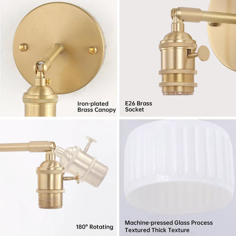 Close-up details of Vintage Battery Operated Wall Sconce with white striped glass lampshade and brass fittings.
