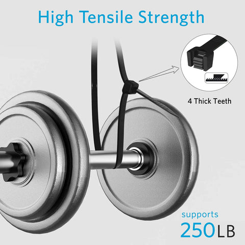 Heavy Duty Zip Ties 250 Lb Tensile Strength, 11.6 Inch Long 0.47 Inch Wide Thick Electrical Cable Ties securing dumbbell