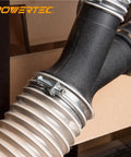 4 Inch Double Wire Hose Clamps 5 Pack Adjustable Worm Gear Pipe Clamp Bolt Included securing flexible tubing in a workshop.