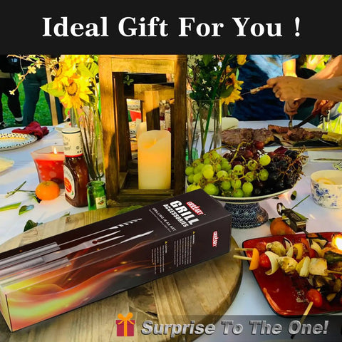 Pro Grade Stainless Grill Tools Set 3 Piece BBQ Utensils Spatula Tongs Fork With Insulated Glove box on picnic table