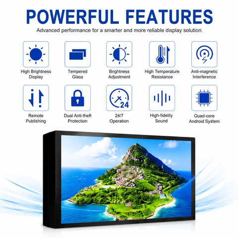 Slick Outdoor Commercial Wall Mount Digital Signage Player 21.5 Inch Led Display Hella Bright 2000 Nits Panel with high brightness features.