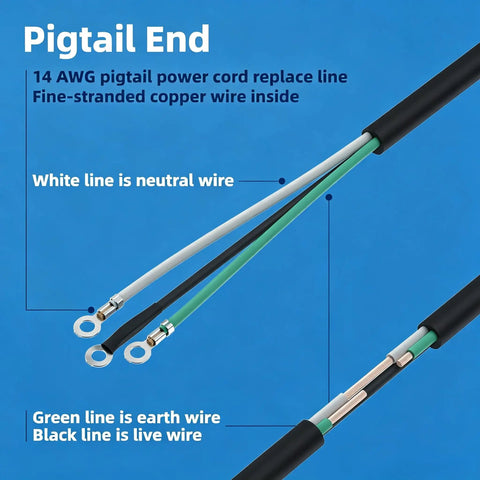 14 AWG pigtail end of Heavy Duty 3 Prong Replacement Power Cord 14 AWG 8 Foot Black AC Cable showing wire colors for setup.