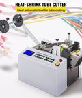 Heavy Duty Automatic Heat Shrink Tube Cutter With 300 Watt Digital Motor And Cable Wire Stripper Function For Fast Rubber Plastic Tubing Slicing Up To Fifty Millimeters Cool Working Machine with digital controls and tube holder.