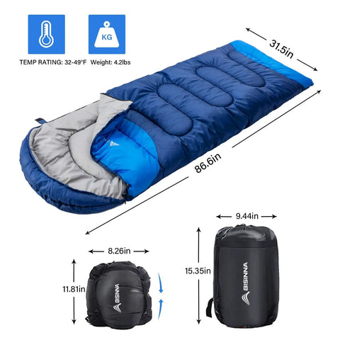 4 Season Sleeping Bag With Pillow For Camping And Backpacking, Lightweight And Cozy Yet Warm, dimensions and weight shown