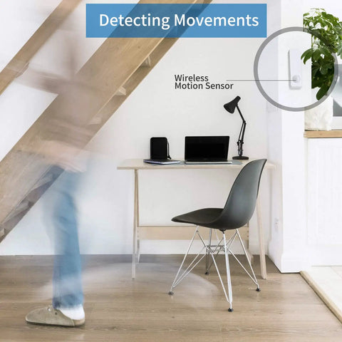 Zigbee Motion Sensor Two Pack With Hub Required Pet Friendly Works With Home Assistant SmartThings Aeotec Hubitat Homey Or Echo Devices With Built In Zigbee Hub installed on wall detecting movement in home office.