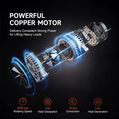 CREWORKS electric hoist exploded view showing copper motor, gears, and rotor assembly