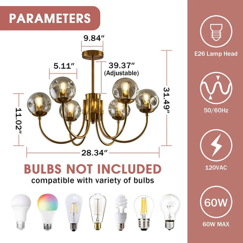 Gold 6-Light Sputnik Chandelier With Glass Shade showing dimensions and bulb compatibility.