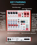 Diagram of MW6 White 6 Channel Pro DJ Audio Mixer Portable Controller USB DSP with labeled components for live streaming.