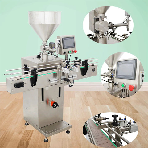 Rugged Automatic Servo Liquid And Paste Filling Machine Slick Stainless Steel Frame with control panel and funnel.