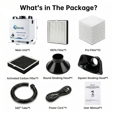 Package contents of Pro Grade Soldering Fume Extractor With 3-Stage Filtration, H13 HEPA, including filters and accessories