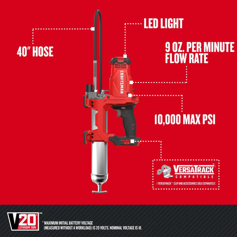 Image of V20 Cordless Grease Gun with 40 inch hose, LED light, 10,000 PSI, tool-only model, showcasing features like 9 oz per minute flow.