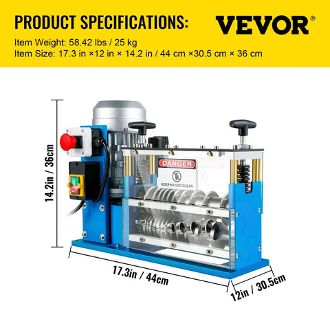 Automatic Wire Stripping Machine With 370W Motor Delivers Fast Copper Cable Stripping From 0.06 Inch To 1.5 Inch Up To 98 Feet Per Minute 11 Channels 10 Blades Ideal For Scrap Recycling And Save You Time On Cable Prep, showing side view with dimensions and controls visible.