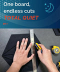 Person cutting a black hexagon acoustic panel with a ruler, using the Amp Up Your Room Acoustics 42 Pack Hexagon Peel And Stick Acoustic Panels High Density Polyester Felt Foam Wall Tiles For Home Studio And Gaming Setup Crisp Clear Audio Vibes.