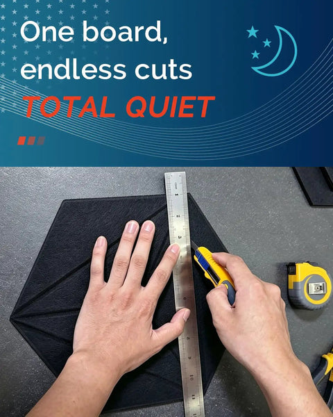 Person cutting a black hexagon acoustic panel with a ruler, using the Amp Up Your Room Acoustics 42 Pack Hexagon Peel And Stick Acoustic Panels High Density Polyester Felt Foam Wall Tiles For Home Studio And Gaming Setup Crisp Clear Audio Vibes.