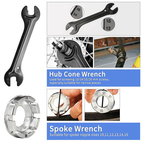 Hub cone and spoke wrench from 10 Piece Bike Repair Tool Kit for Mountain Biking Pro Grade Cycling Maintenance Set With Cassette Remover