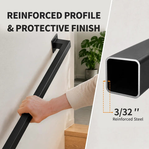 Hella Sturdy Indoor Stair Handrail 9 FT Modern Wrought Iron Railing With Dope Matte Black Powder Coated Finish Reinforced Square Design For Farmhouse Decor showing reinforced profile and hand gripping.