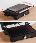 Big Panini Press Grill Sandwich Maker 3 In 1 Opens Flat To 180 Degrees with measurements, nonstick surface for even cooking.