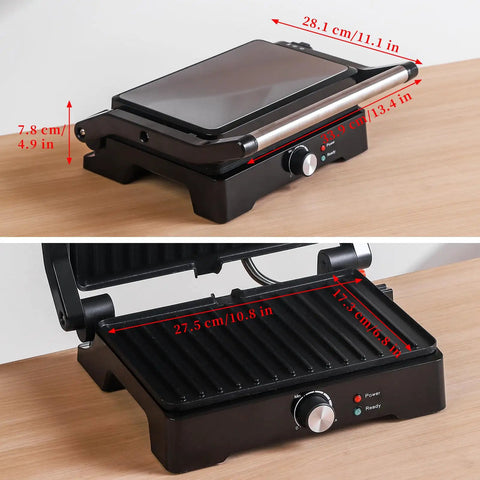 Big Panini Press Grill Sandwich Maker 3 In 1 Opens Flat To 180 Degrees with measurements, nonstick surface for even cooking.