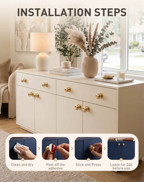Installation steps for Six Pack Peel And Stick Cabinet Knobs Rose Gold Self Adhesive Drawer Pulls No Drill No Tools Needed.