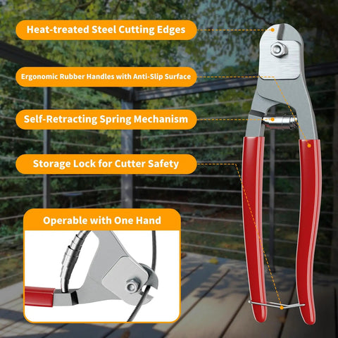 Wire cutter tool for One Eighth Inch T316 Black Stainless Steel Cable Rope, shown with labeled features on deck.