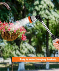 Bombproof Heavy Duty Metal Watering Wand With 16 Inch Hose Nozzle Sprayer in use on hanging basket