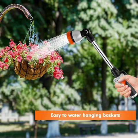 Bombproof Heavy Duty Metal Watering Wand With 16 Inch Hose Nozzle Sprayer in use on hanging basket