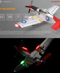 Monster 560mm Wingspan P-51D Mustang RC Plane with LED lights and gyro, showing 4CH control features, XK A280 compatible