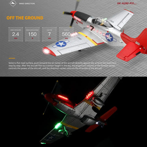 Monster 560mm Wingspan P-51D Mustang RC Plane with LED lights and gyro, showing 4CH control features, XK A280 compatible