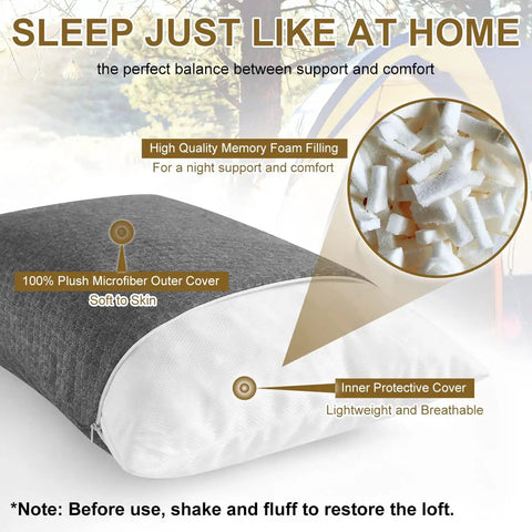 Travel Camping Pillow With Shredded Memory Foam, Ultra Compact And Compressible, Medium Firm Support, Soft Breathable Cover detail
