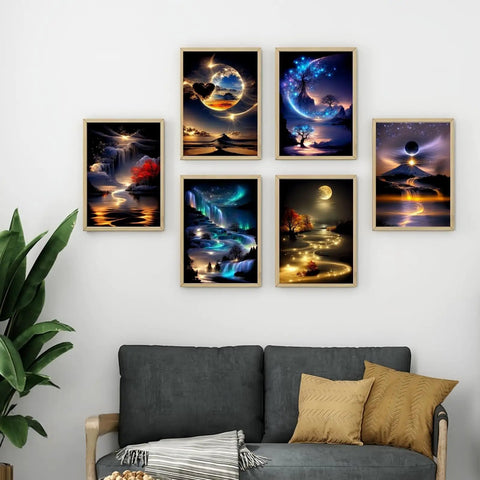 Dope Six Pack Diamond Art Kits For Adults, Landscape 5D Diamond Painting For Beginners displayed as wall decor over couch