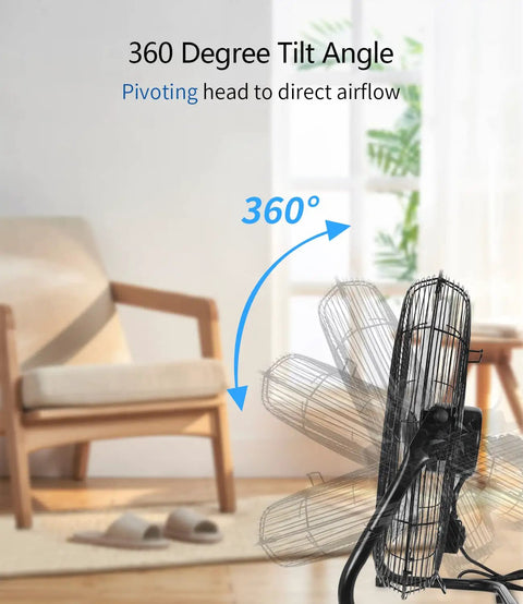 Heavy Duty 20 Inch Floor Fan With High Velocity Airflow, 3 Speeds And Adjustable Tilting Head, shown tilting 360 degrees.