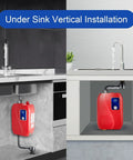Compact 3000W Tankless Electric Water Heater Pumps Out Instant Hot Water For Under Sink Install Featuring Responsive Touch Control And Digital Readout. Under sink vertical installation with red unit.