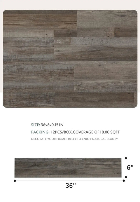 Driftwood Peel And Stick Vinyl Wall Planks For Easy Self Adhesive Wall Panels Waterproof Lightweight And Flame Rated 12 Pieces Covering 18 Square Feet Per Box Real Wood Texture For Quick DIY Remodel, showing plank dimensions and texture detail.
