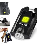 Ultra Bright 500 Lumen USB Rechargeable Small Flashlight Keychain Light attached to keys, pocket, and cap.