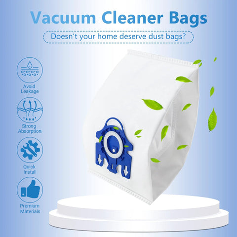 12 Pack Replacement Vacuum Bags For Miele GN Series With 3D AirClean Filters on display pedestal with green leaves.