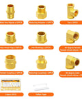 Assorted brass pipe fittings kit components with hex nipples, adapters, elbows, couplings, bushings, plugs, case, and tape.