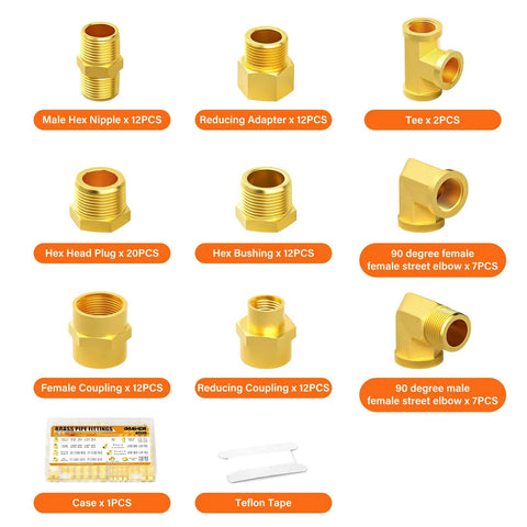 Assorted brass pipe fittings kit components with hex nipples, adapters, elbows, couplings, bushings, plugs, case, and tape.