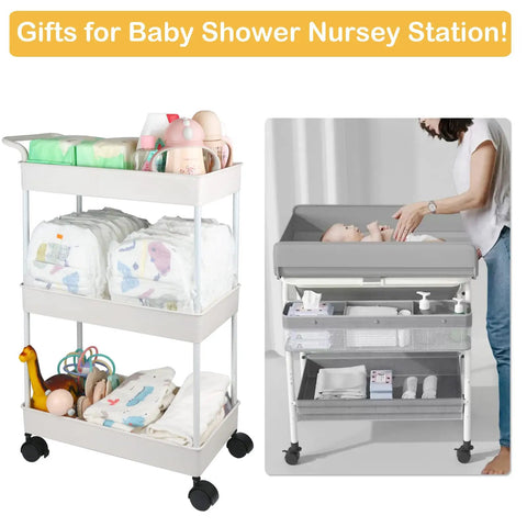 Beige Diaper Caddy Organizer With Movable Cart For Changing Table And Crib shown with baby essentials and nursery setup