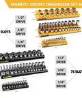 Magnetic Socket Organizer Set For Toolbox Drawer 6pc Includes 3 Metric And 3 SAE Magnetic Holders For One Quarter, Three Eighths, And One Half Inch Drive Sockets, Quick Access Tray For Pro And DIY Grab And Go shown with 68 and 75 slots