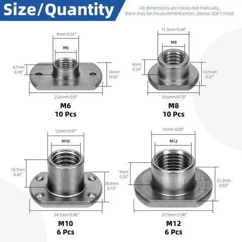 Pro Grade Heavy Duty Carbon Steel Weld Nuts Set M6 M8 M10 M12 Universal Tab Base dimensions with quantity details.