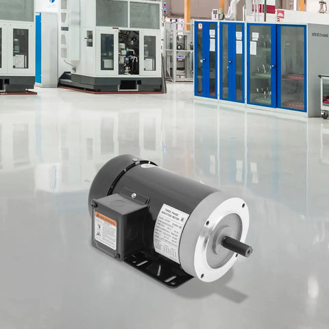 Shop Ready 2Hp Three Phase Electric Motor in an industrial setting, showcasing its robust steel frame and copper windings.