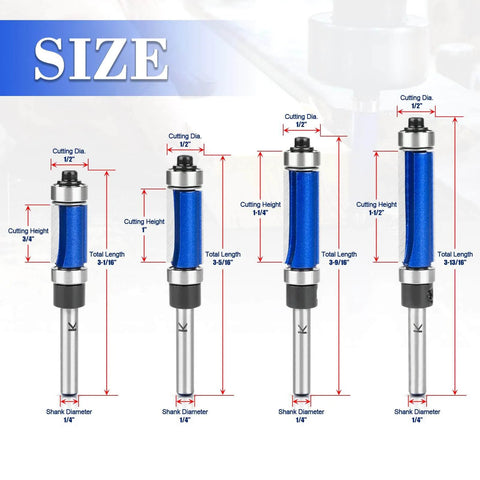 Top And Bottom Bearing Flush Trim Router Bit Set With One Quarter Inch Shank, Carbide Cutter, Four Lengths, Size Diagram