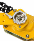 Close-up of the 1 1/2 Ton Lever Block Chain Hoist Comealong Lift Puller with yellow safety swivel hook and alloy steel chain tension knob