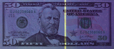 UV 400 Articulating USB Borescope examining a US $50 bill under UV light showing security features, perfect for inspecting tight spaces and machinery.