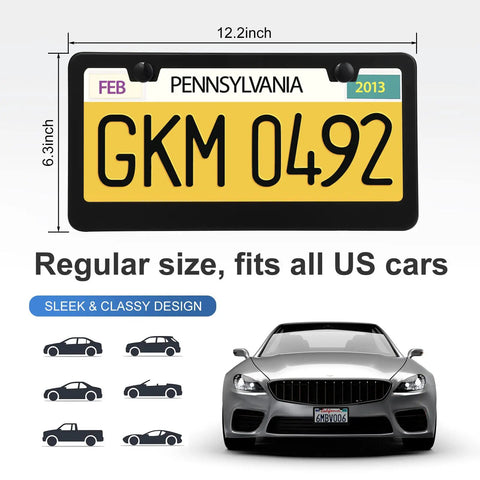 Two Pack Stainless Steel License Plate Frames For Cars Black Weatherproof And Rustproof Easy Install With Screw Caps Durable No Fade Finish Built To Stand Up Against Weather Great For Your Daily Driver, shown with measurement guide and car illustration.