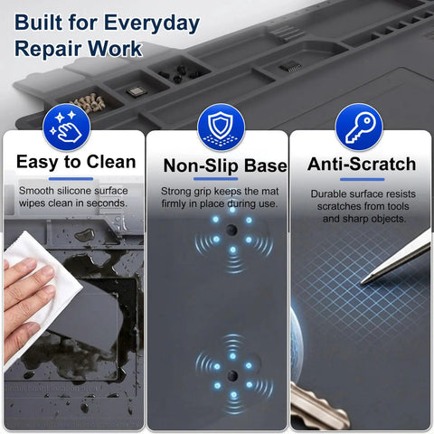 Top Tier Heat Resistant Silicone Soldering Mat With Magnetic Screw Retainer Tray showing non-slip base and easy-to-clean surface.