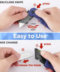 Blue WORKPRO folding utility knife with aluminum handle and quick-change blade; includes 13 extra blades