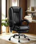 Six Point Vibration Heated Massage Office Chair With Foot Rest For Home Office And Gaming in black leather in modern office
