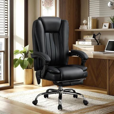 Six Point Vibration Heated Massage Office Chair With Foot Rest For Home Office And Gaming in black leather in modern office