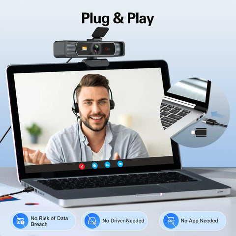 Lock In With This Crisp 4K Ultra HD Webcam Featuring A Broad 120 Degree Wide Angle Lens Smooth As Butter Zoom Meetings And Twitch Streams Reliable Usb PC Camera For Your Daily Hustle attached to laptop during video call.